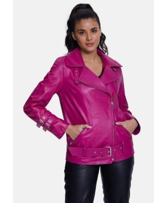 Furniq Uk Womens Genuine Leather Belted Biker Jacket,Nappa Navy Product Image