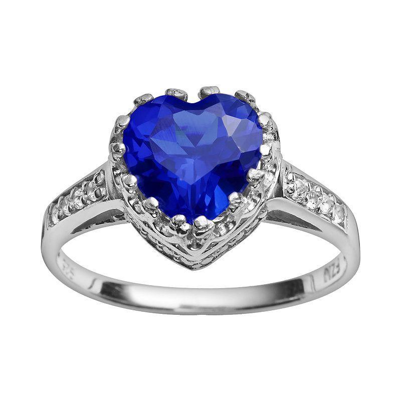 Designs by Gioelli Sterling Silver Lab-Created Sapphire and Lab-Created White Sapphire Heart Crown Ring, Womens Blue Product Image