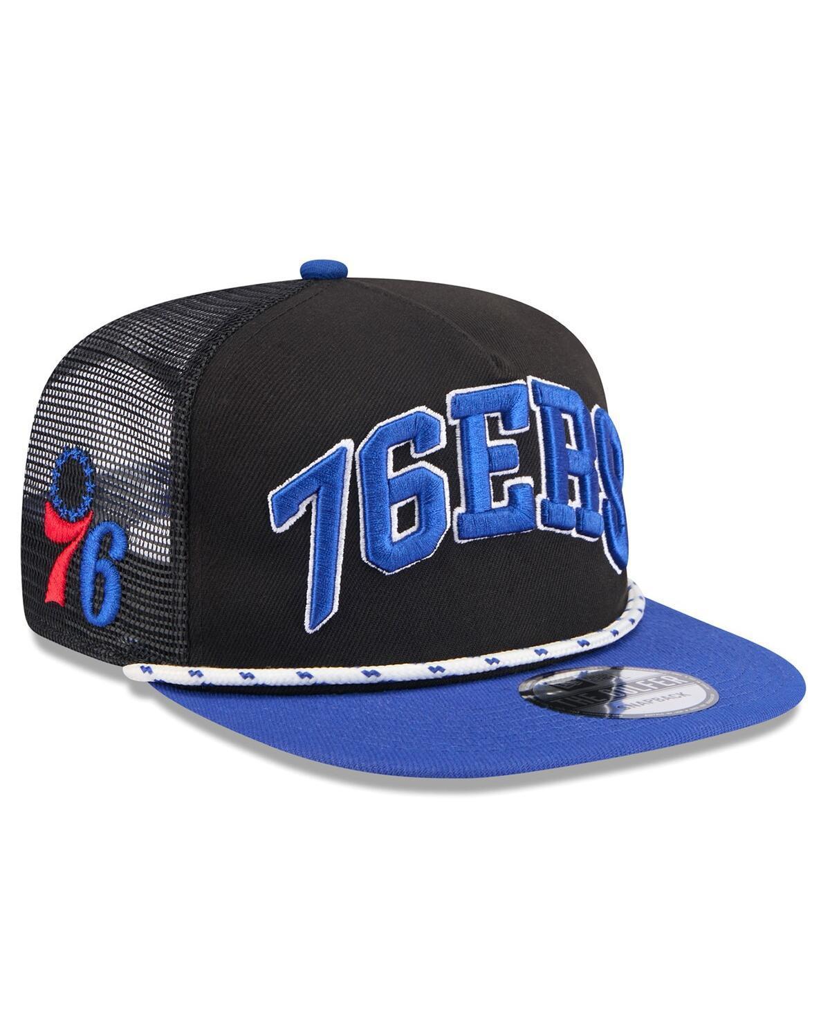 New Era Mens Black/Royal Philadelphia 76ers Throwback Team Arch Golfer Snapback Hat Product Image