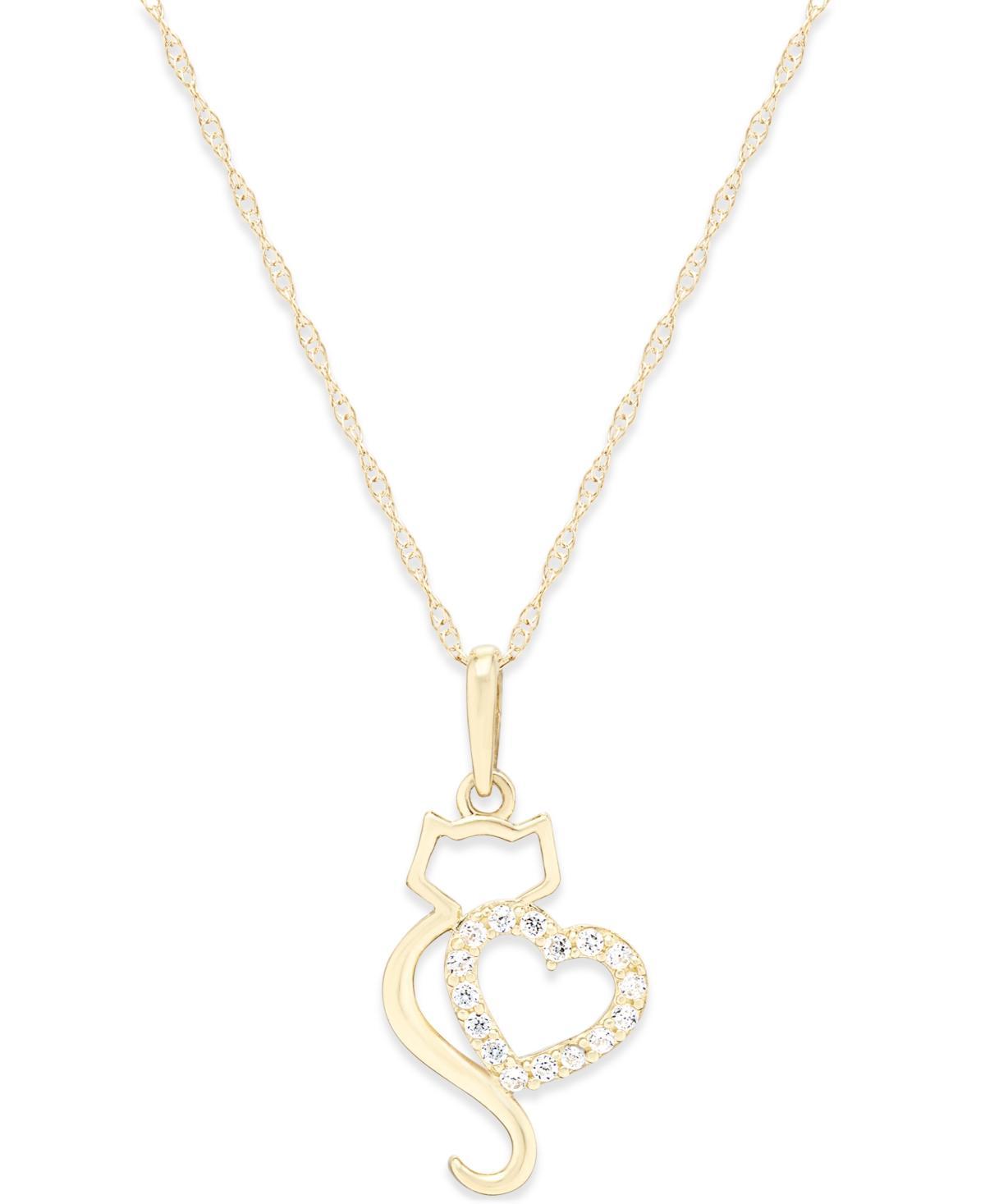 10k Gold Cubic Zirconia Cat & Heart Pendant Necklace, Womens White Product Image