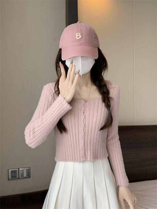 Square Neck Plain Ribbed Cardigan Product Image