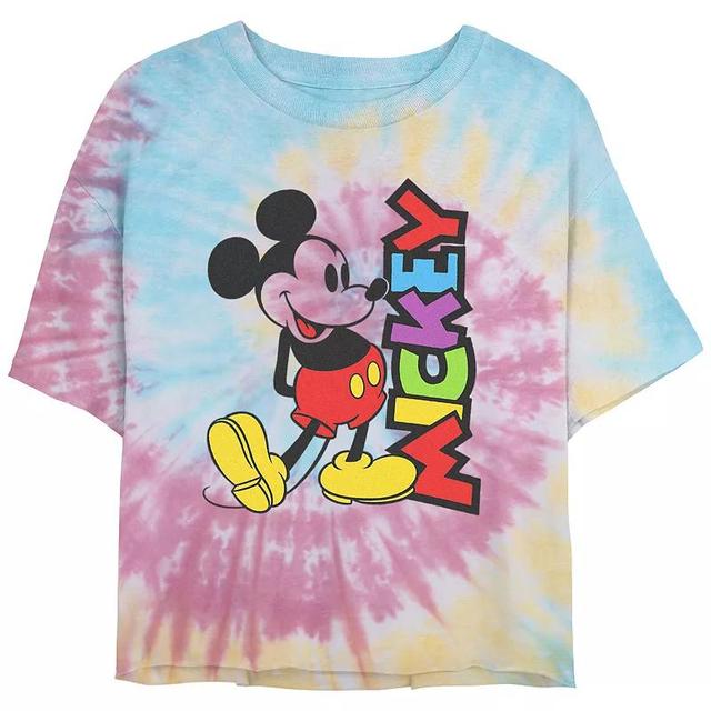 Disneys Mickey Mouse Bright Colors Name Juniors Cropped Tie Dye Graphic Tee, Womens Product Image