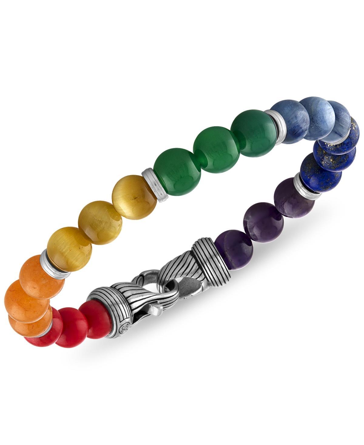 Esquire Mens Jewelry Multi-Stone Rainbow Beaded Bracelet in Sterling Silver, Created for Macys Product Image