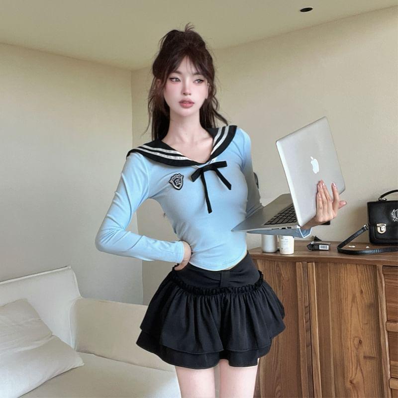 Long-Sleeve Sailor Collar Applique Striped Trim Crop Tee / Mid Waist Plain Frill Trim Layered Mini A-Line Skirt / Bow / Set Product Image