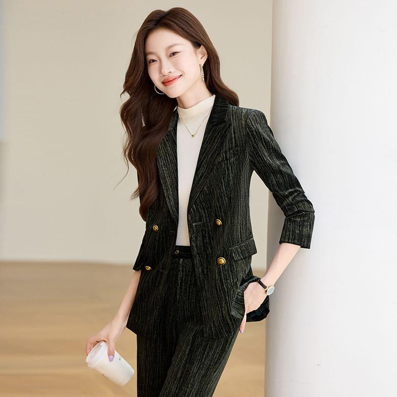 Lapel Collar Plain Corduroy Double Breasted Blazer / Mid Waist Plain Wide Leg Suit Pants / Set Product Image