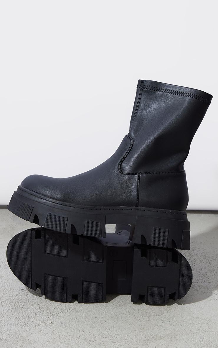 Black Pu Textured Extreme Cleated Sole Ankle Sock Boots Product Image