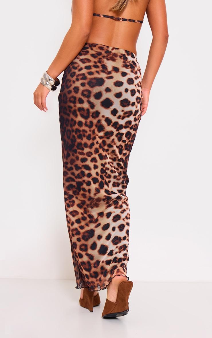 Brown Leopard Print Mesh Low Rise Maxi Skirt Product Image