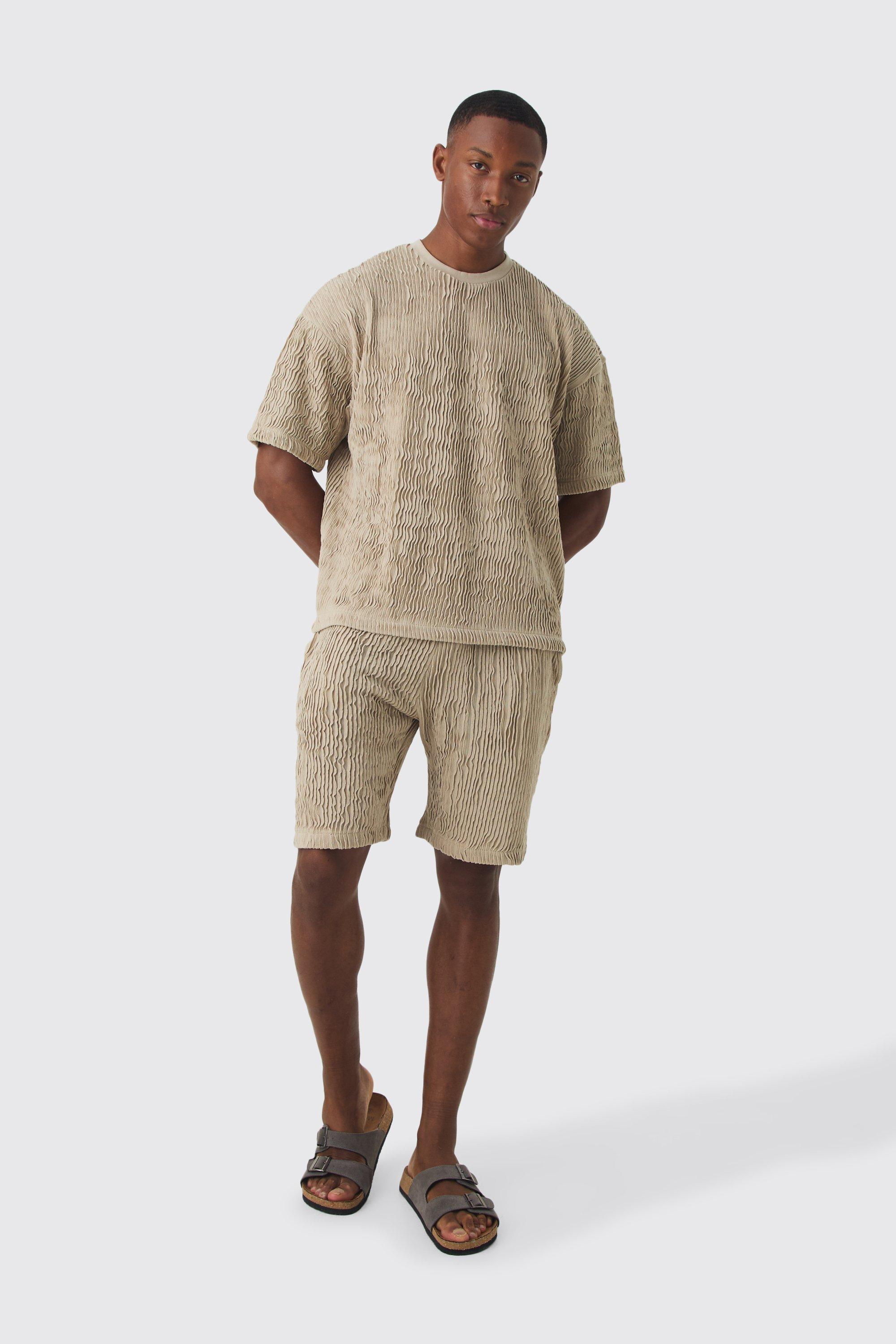 Boxy Ripple Pleated T-shirt & Short Set | boohooMAN USA Product Image