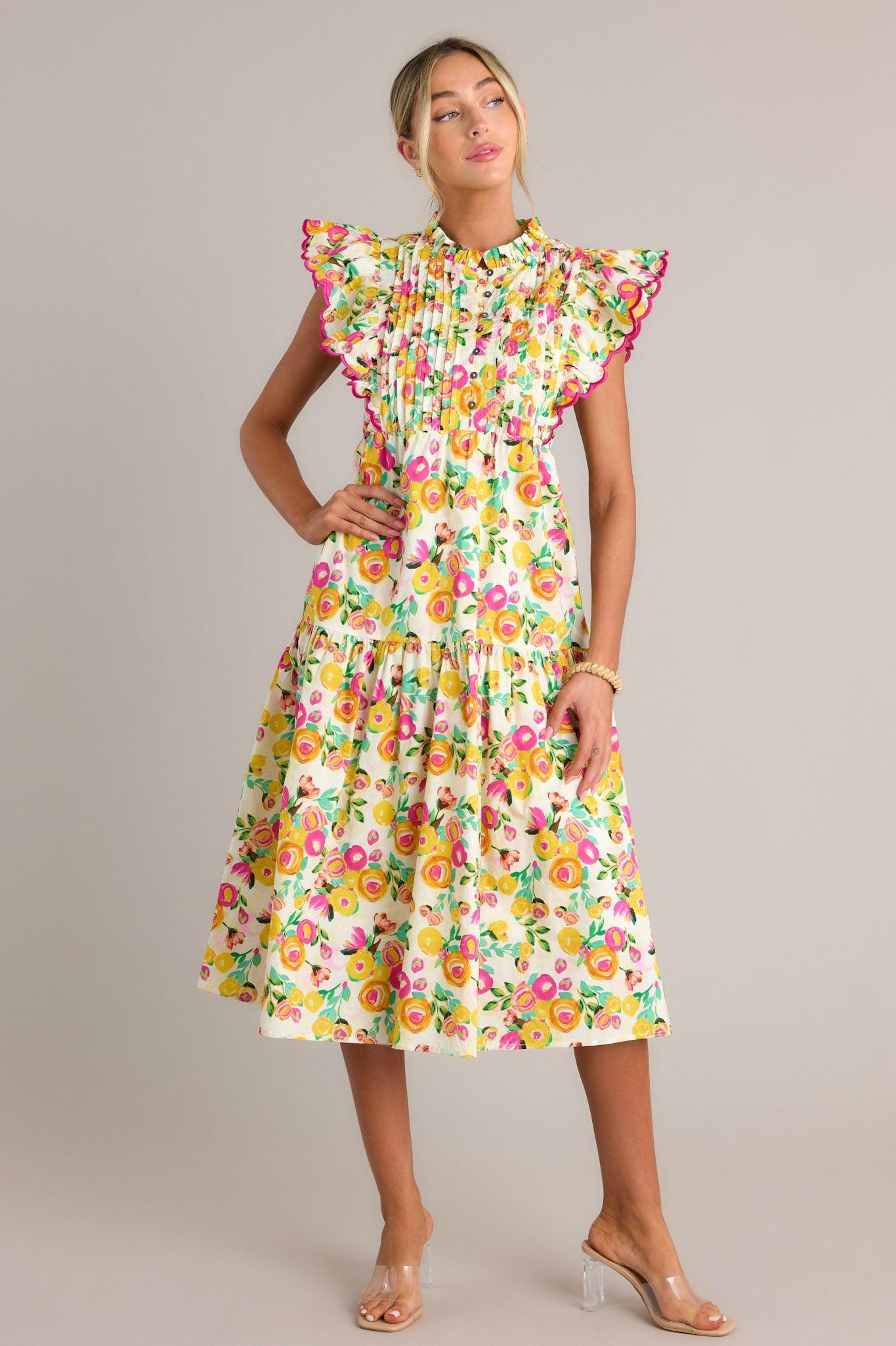 Blossoming Love 100% Cotton Yellow Floral Midi Dress Product Image