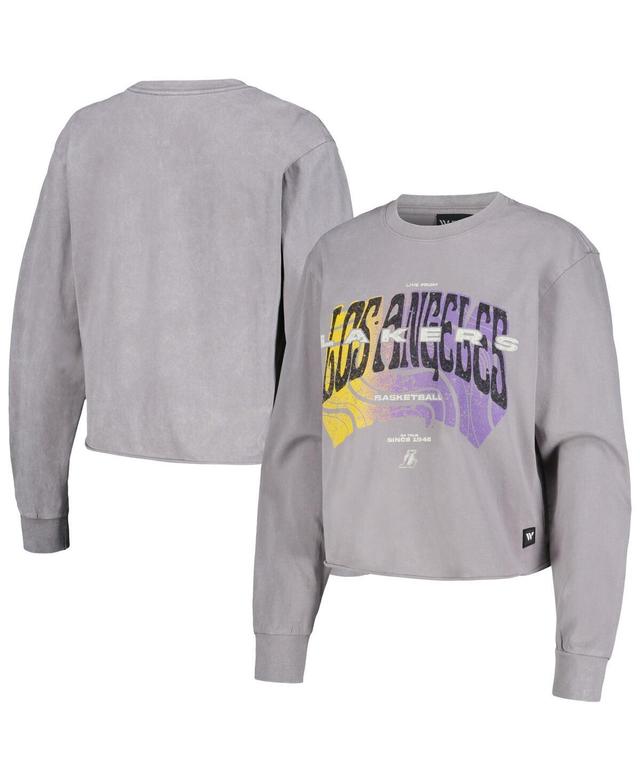 Womens The Wild Collective Gray Los Angeles Lakers Band Cropped Long Sleeve T-Shirt Product Image