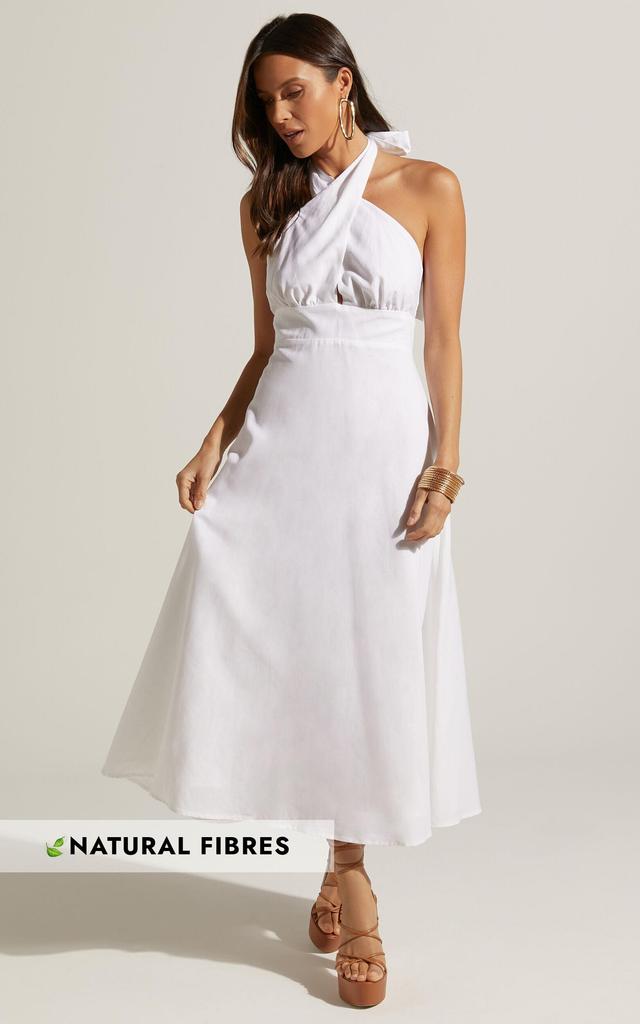 Amalie The Label - Freesia Linen Blend Halter Tie Neck Midi Dress in White Product Image