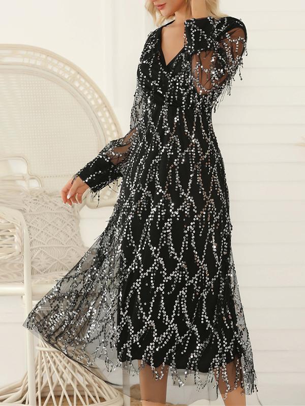 Long Sleeves Loose Gauze Pockets See-Through Sequined Split-Joint V-Neck Evening Dresses Midi Dresses Product Image