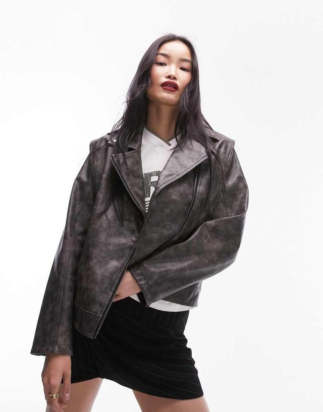 Topshop faux leather washed biker jacket in gray Product Image