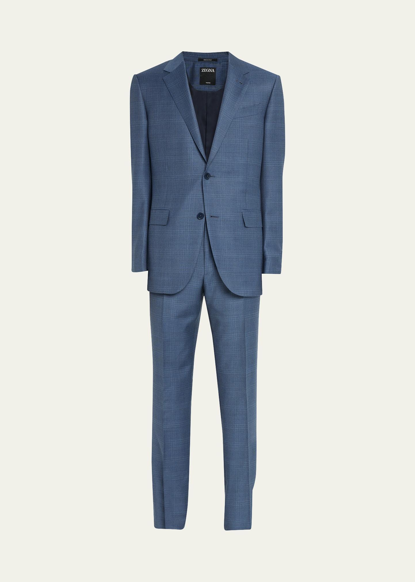 ZEGNA Men's Trofeo Wool-Cotton Plaid Suit  - BLUE NAVY CHECK - Size: 52L EU (41L US) Product Image