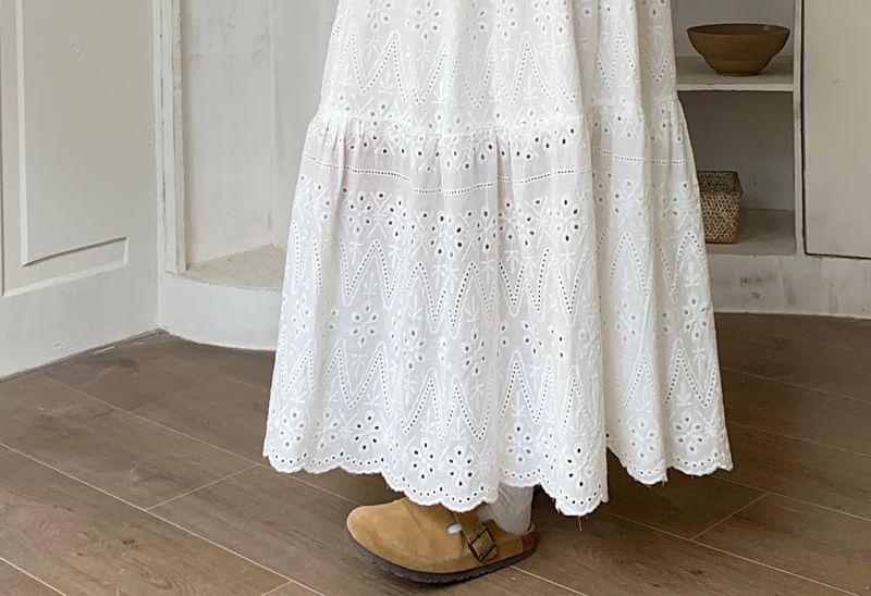 Elastic Waist Plain Embroidered Eyelet Tiered Maxi A-Line Skirt Product Image