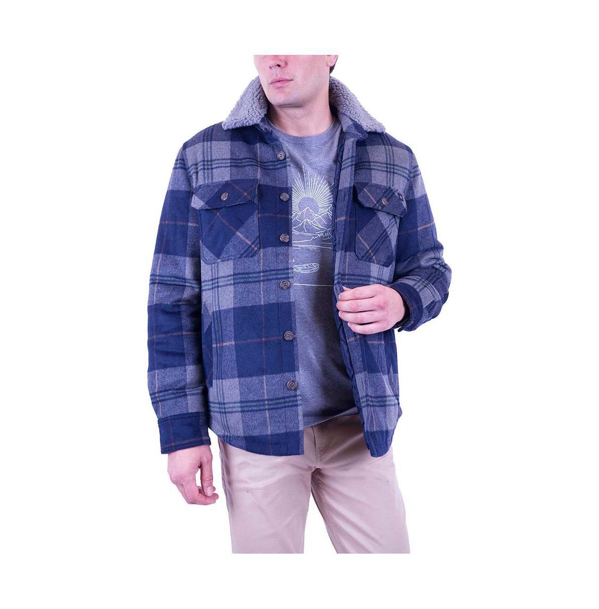 Mens Mountain and Isles Button Front Coat with Faux Sherpa Collar Grey Navy Plaid Product Image