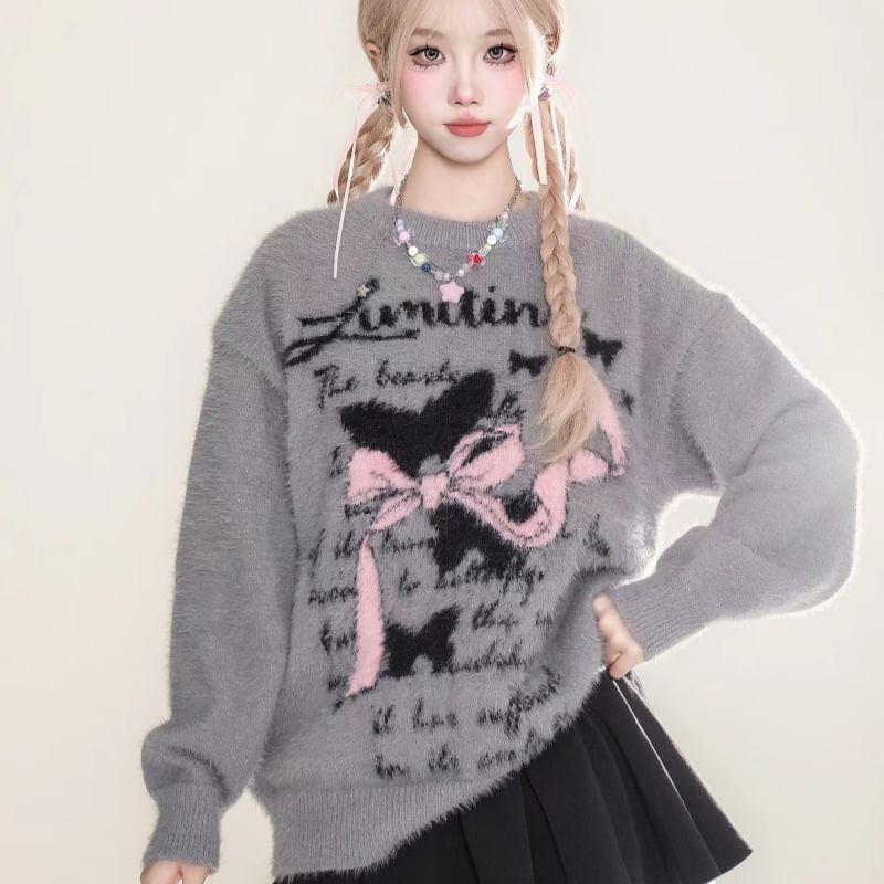 Long Sleeve Bow & Lettering Print Loose-Fit Sweater Product Image