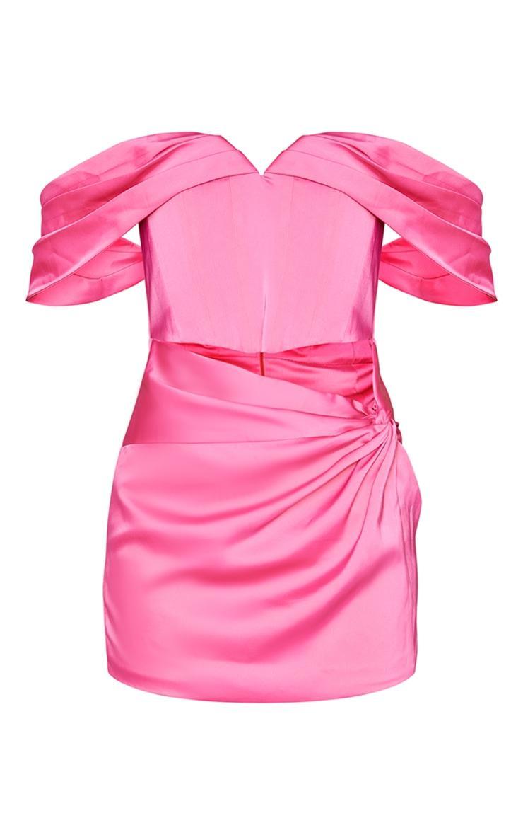 Hot Pink Pleated Bardot Corset Cut Out Knot Bodycon Dress Product Image