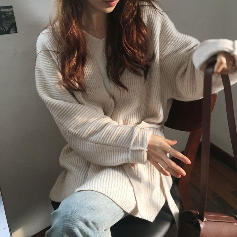 V-Neck Ribbed Sashed Cardigan Product Image