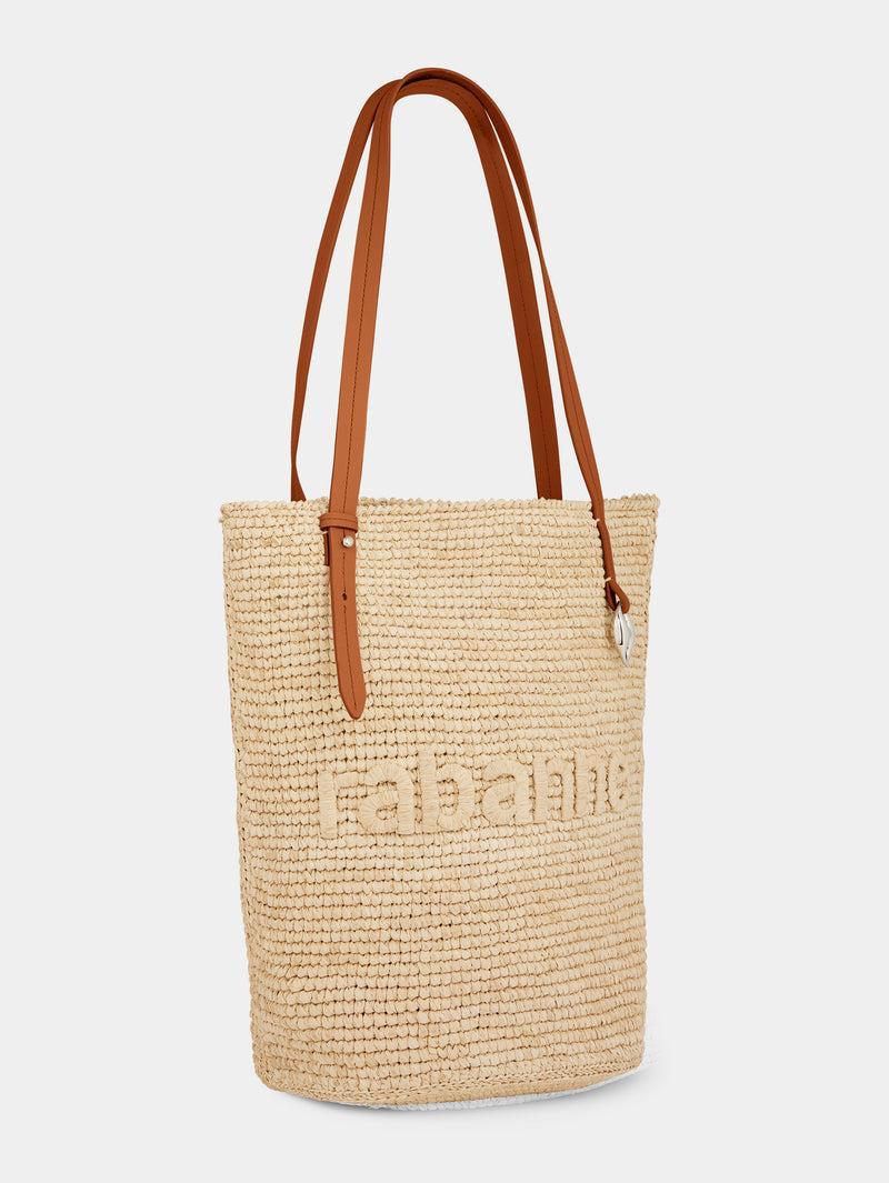 Beige Raffia Tote Bag with logo Product Image