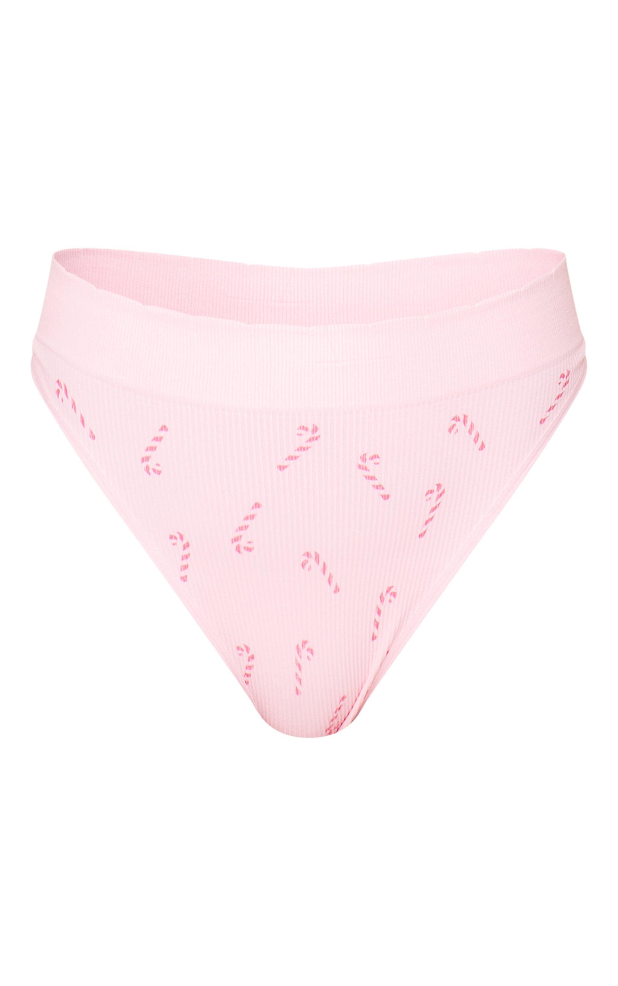 Pink Candy Cane Print Ribbed Thong Product Image