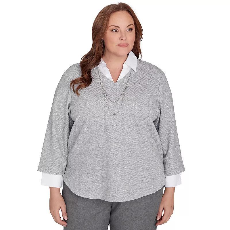 Plus Size Alfred Dunner Collared Two-In-One Pullover Top with Necklace, Womens Silver Product Image