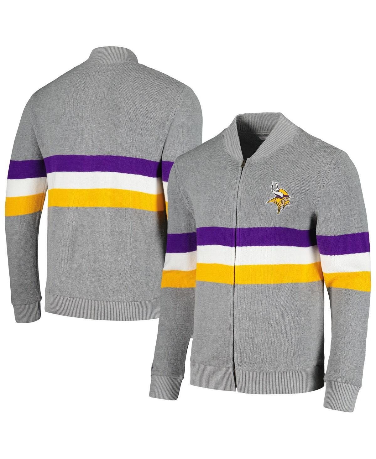 Mens Mitchell & Ness Gray Minnesota Vikings Striped Full-Zip Cardigan Sweater Product Image