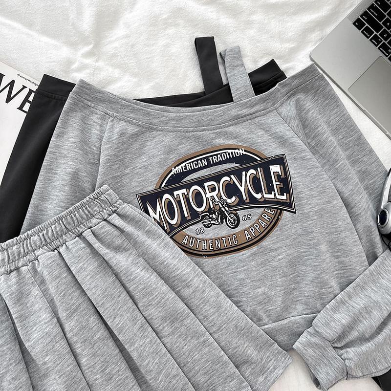 Set: Off Shoulder Lettering Print Crop Sweatshirt + Mini Pleated Skirt Product Image