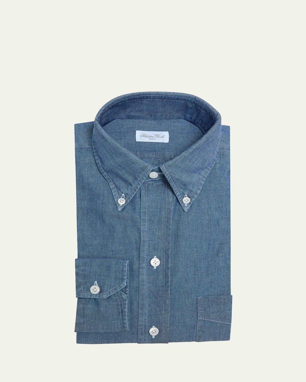 Mens Stonewashed Denim Casual Button Down Shirt Product Image