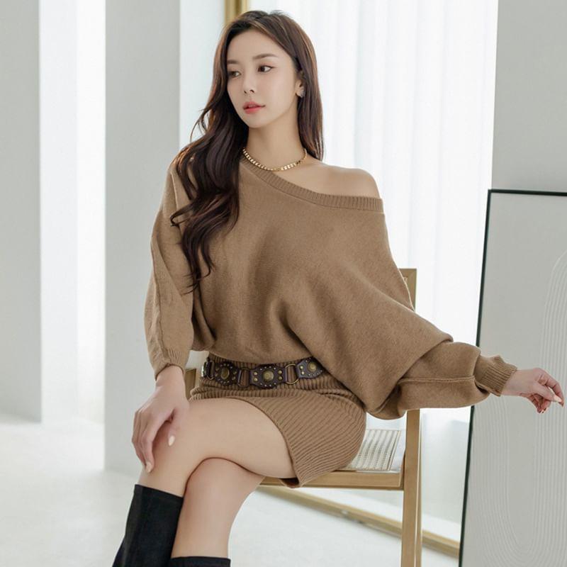 Set: Boat Neck Plain Ribbed Mini Sheath Sweater Dress + Belt Product Image