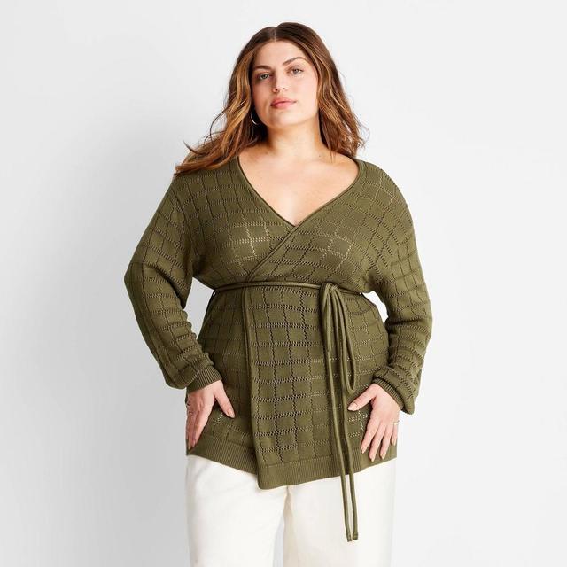 Womens Tie-Front Pointelle Cardigan - Future Collective with Jenny K. Lopez Olive 4X Product Image