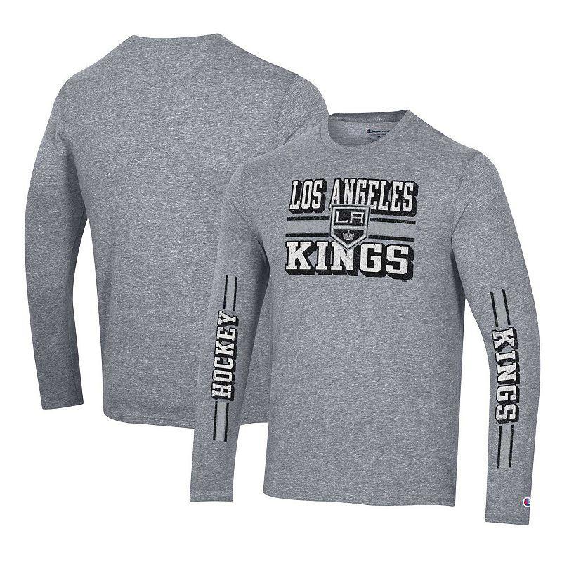 Mens Champion Heather Gray Los Angeles Kings Tri-Blend Dual-Stripe Long Sleeve T-Shirt Product Image