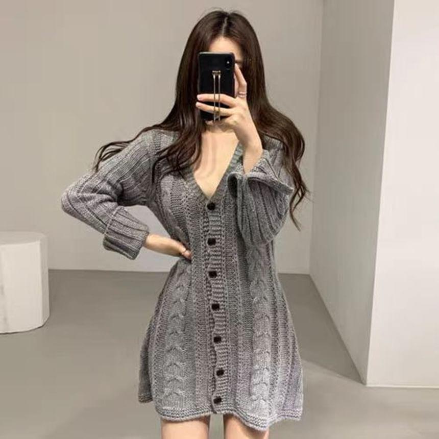 Long-Sleeve V-Neck Cable Knit Button Front Mini Sheath Knit Dress Product Image