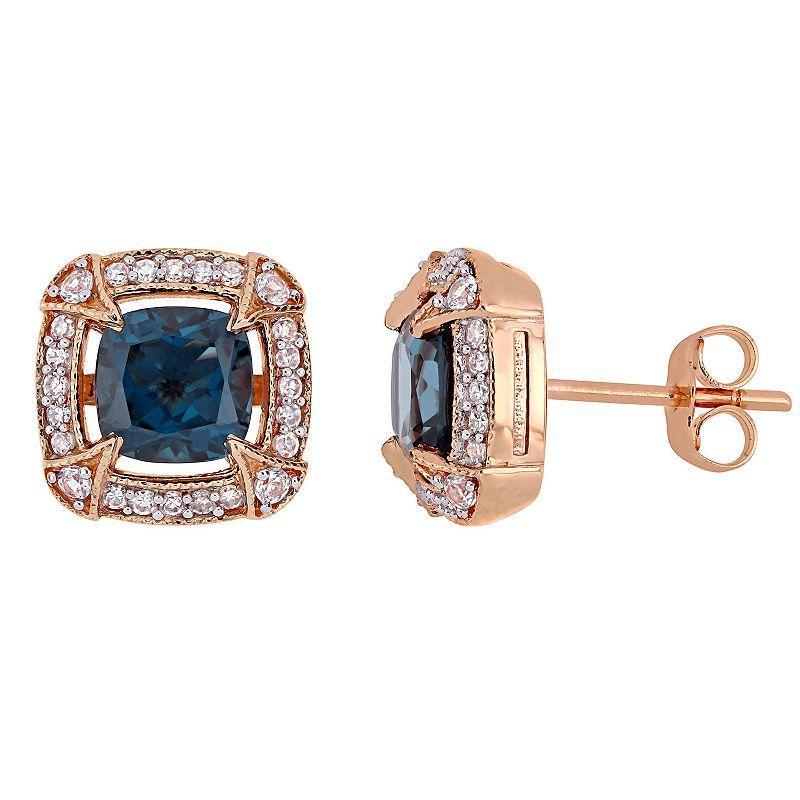 Stella Grace 10k Rose Gold London Blue Topaz, White Sapphire & 1/5 Carat T.W. Diamond Halo Stud Earrings, Womens Product Image