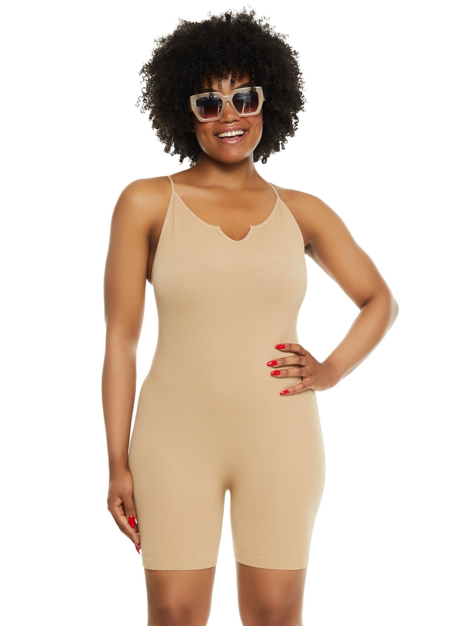 Womens Plus Size Seamless Ribbed Notch Neck Cami Romper Product Image