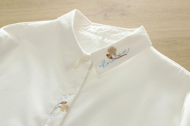 Long Sleeve Collared Floral Embroidered Shirt Product Image