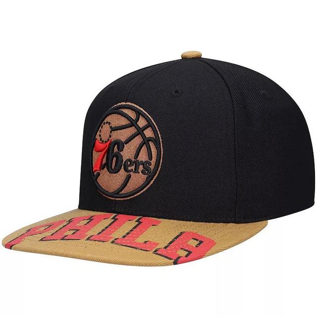 Mens Mitchell & Ness x Lids Black/Tan Philadelphia 76ers Current Reload 3.0 Snapback Hat Product Image