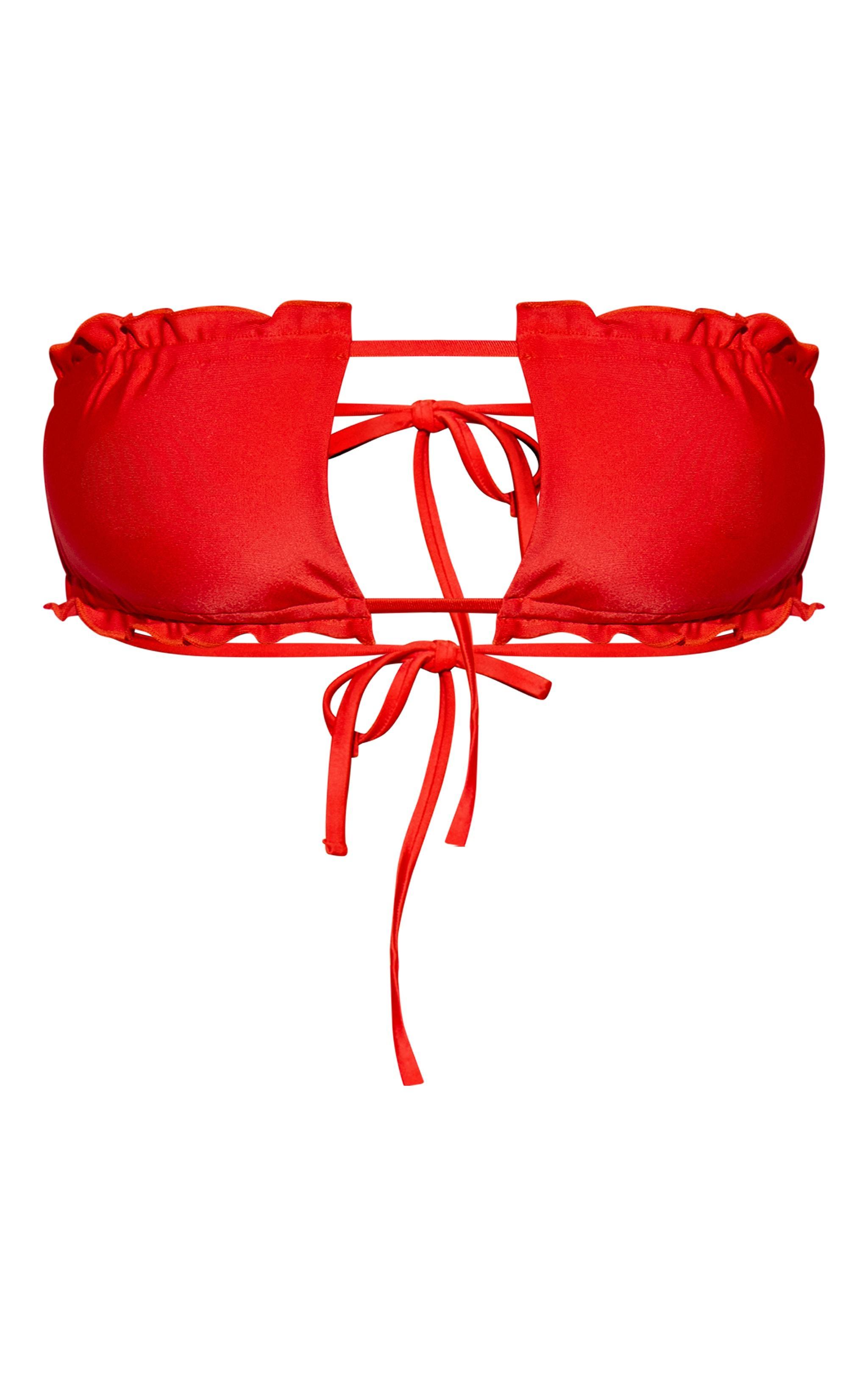 Red Frill Edge Trim Detail Bandeau Bikini Top Product Image