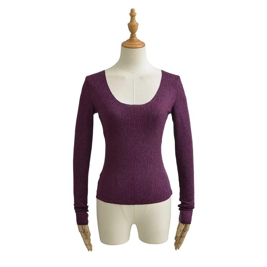 Long Sleeve Scoop Neck Plain Panel Lace Top Product Image