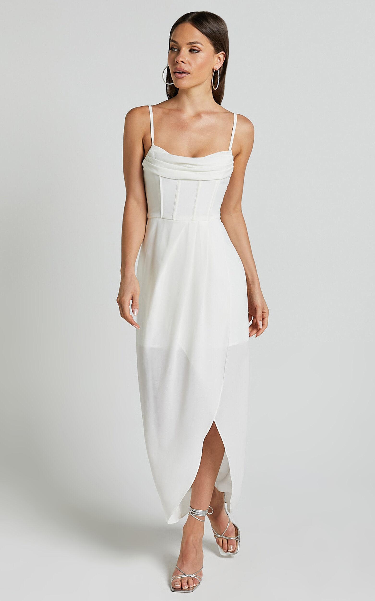 Andrina Midi Dress - High Low Wrap Corset Dress in White Product Image