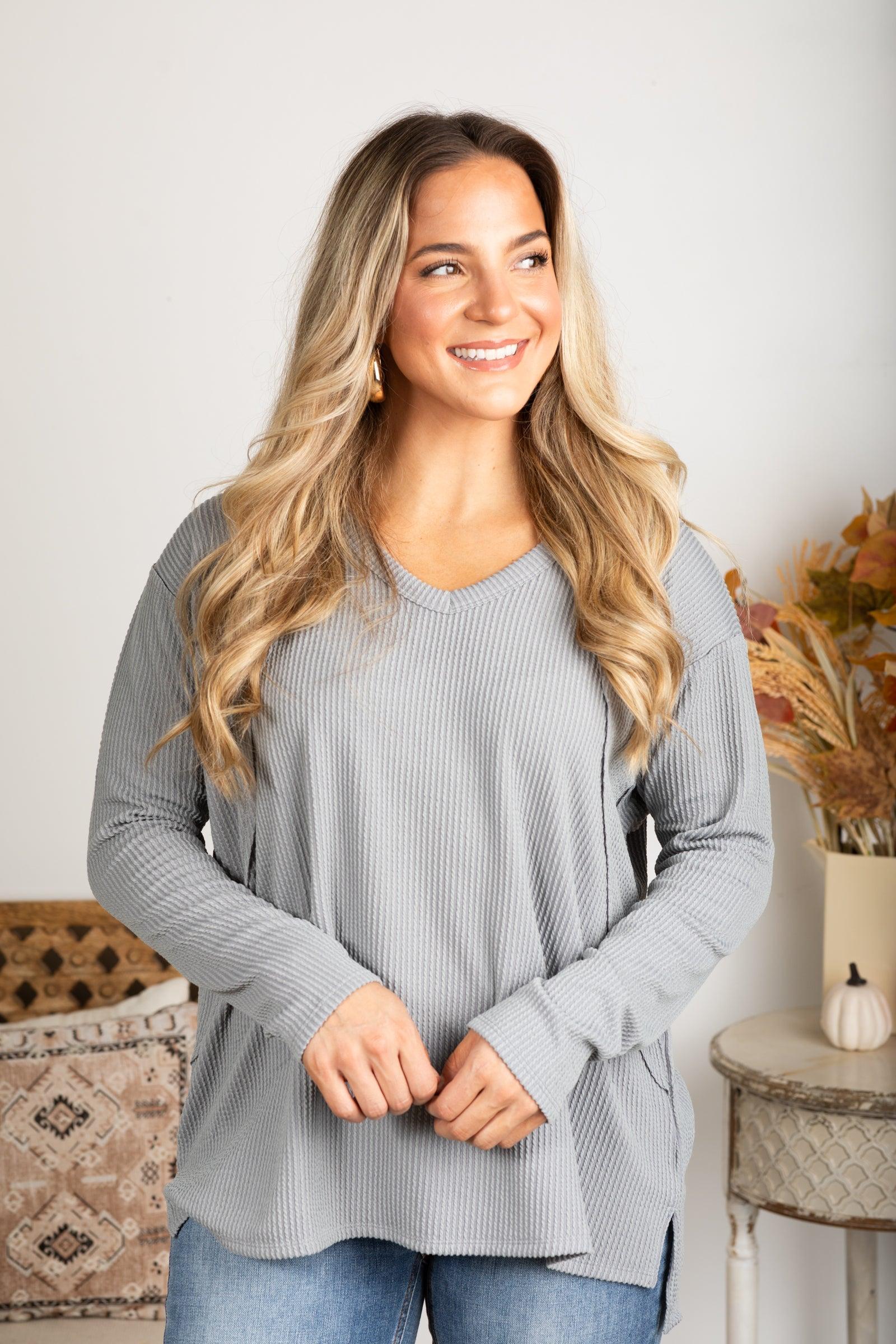 V-Neck Knit Ribbed Long Sleeve Top Product Image