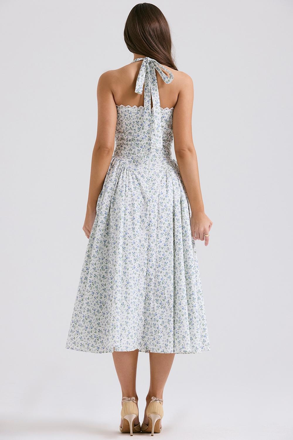 Adabella White Bluebell Print Cotton Halter Sundress Product Image