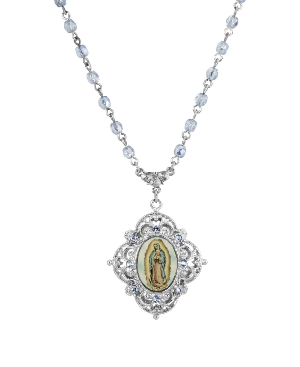 1928 Silver Tone Beaded Chain Mary Pendant Necklace, Womens, Blue Product Image