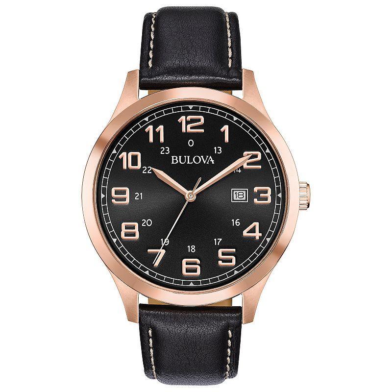 Bulova Mens Rose Tone Stainless Steel & Leather Watch - 97B164 Black Product Image