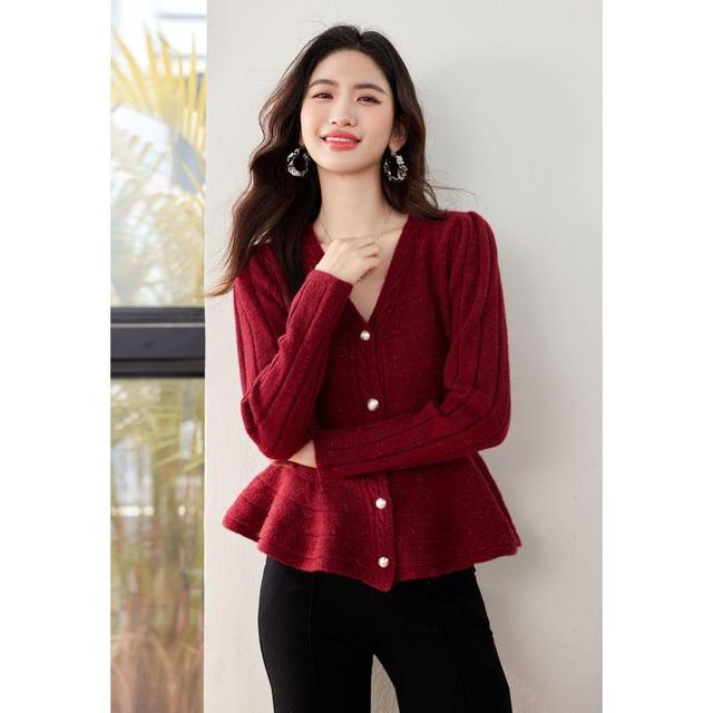 V-Neck Plain Cable Knit Button-Up Crop Cardigan Product Image