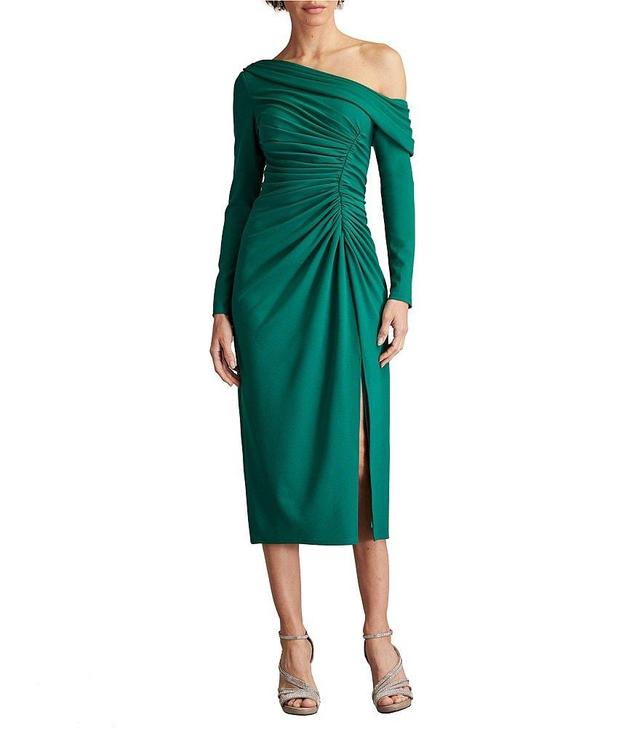 Tadashi Shoji Crepe One Shoulder Fold Over Long Sleeve Gathered Side Slit Midi Dress Product Image