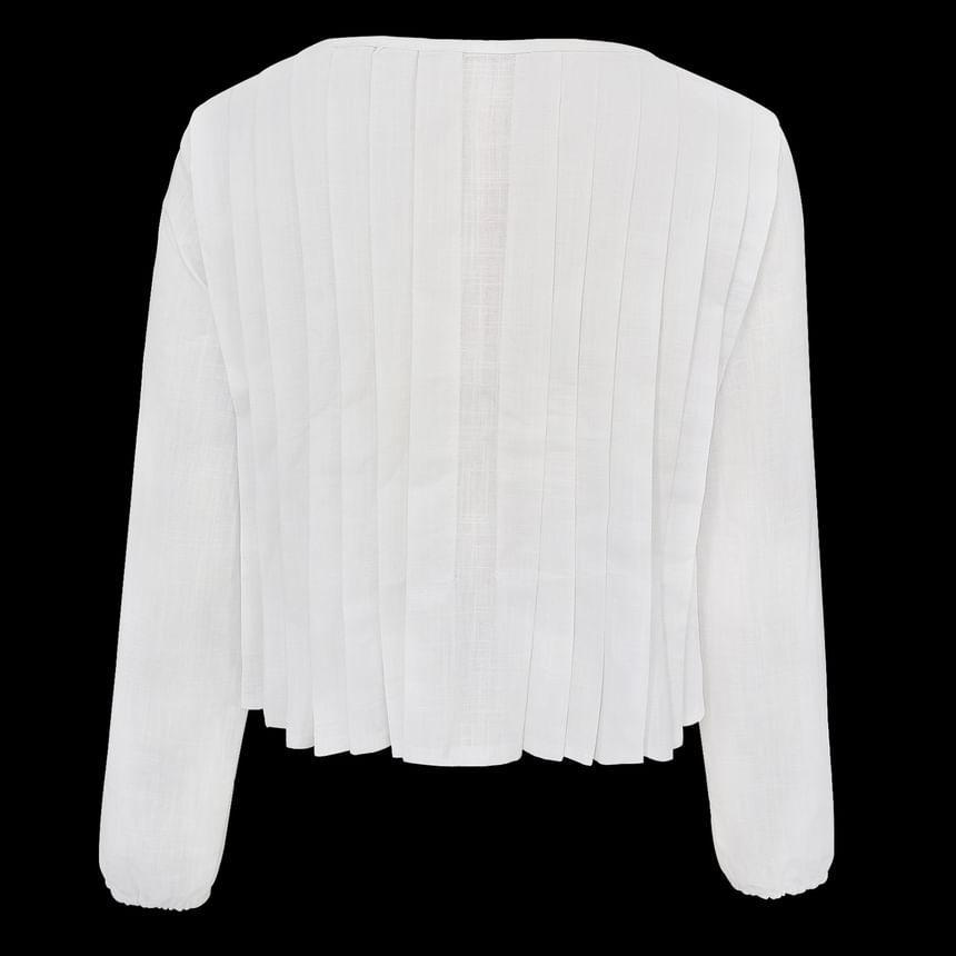 Long-Sleeve Plain Bow Ribbed Blouse Product Image