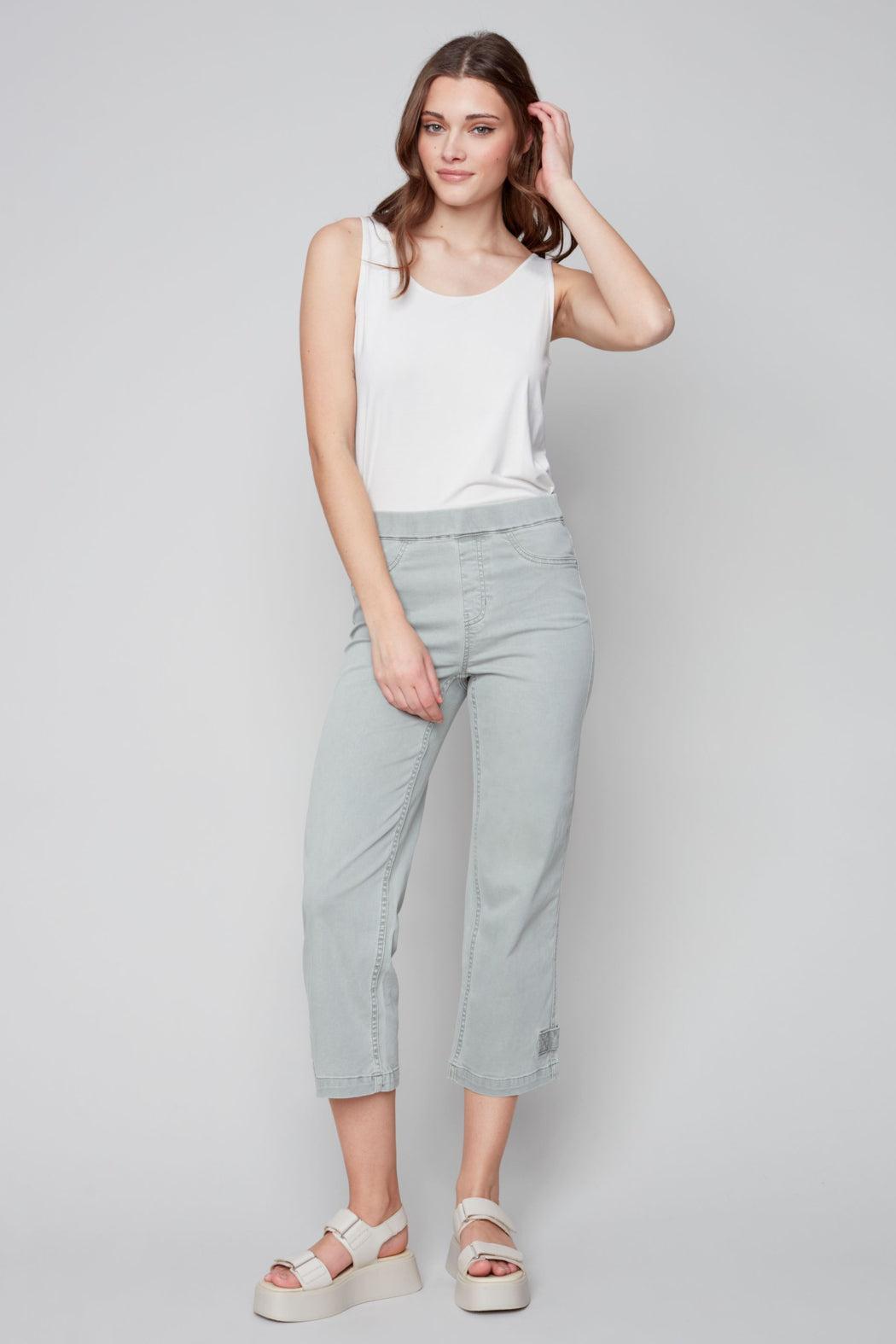 Pull on denim pant with side button detail Product Image