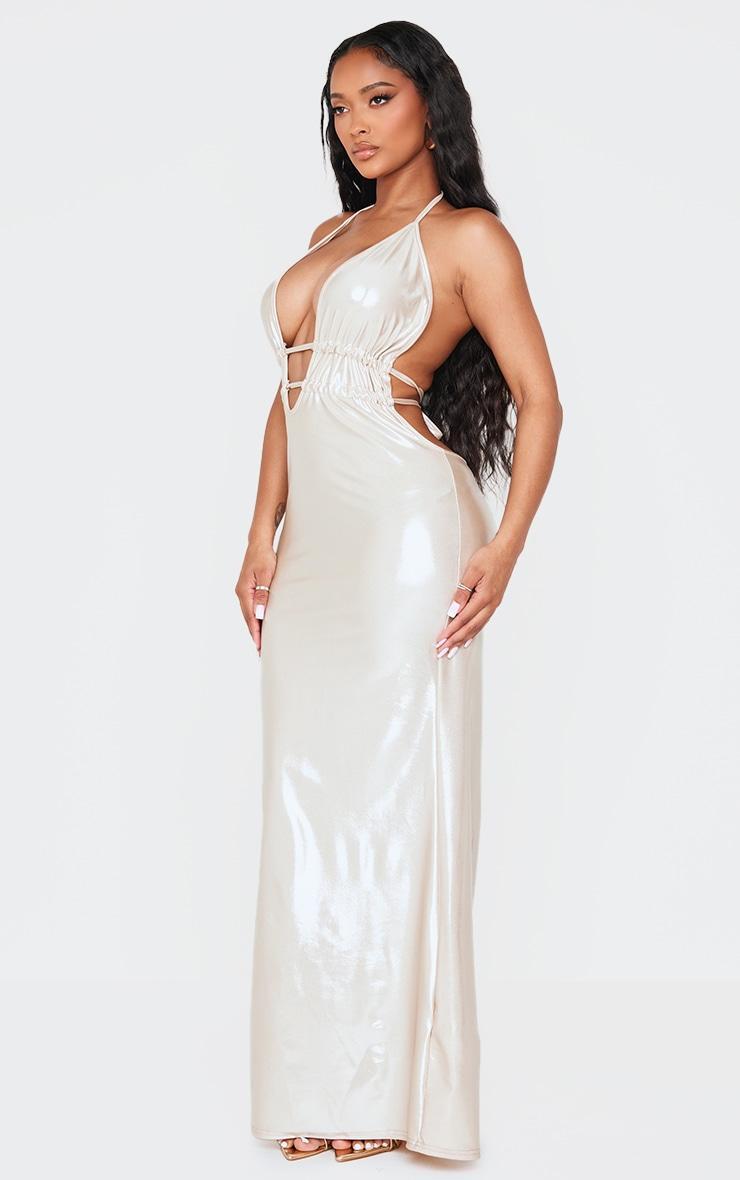 Shape Champagne Metallic Wet Look Plunge Front Halter Neck Maxi Dress Product Image