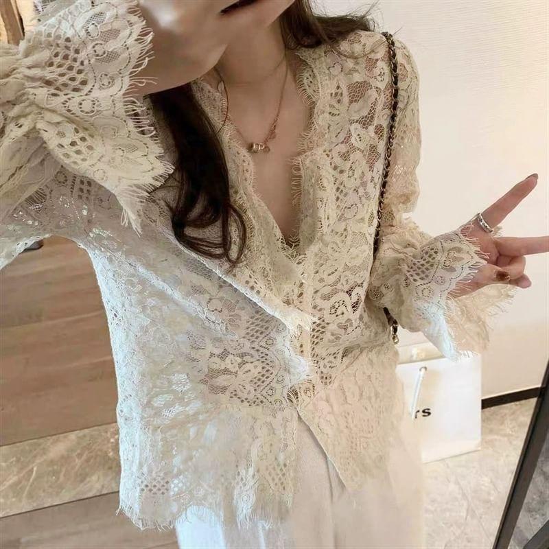 Long-Sleeve V-Neck Lace Blouse Product Image